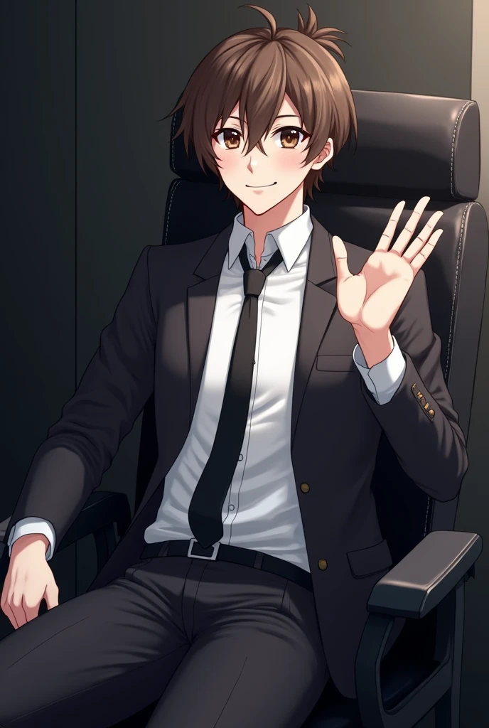create an anime style image, There is a young adult man, White skin, brown fur, tied in a small ponytail, and dark brown eyes, He is wearing a white long-sleeved shirt, a black tie, black pants and a black jacket, He is sitting on a black chair and with one of his hands he waves to the camera, He has a lovely smile on his face. The background is of an office that is dark. In the picture he is seen from head to toe. anime style