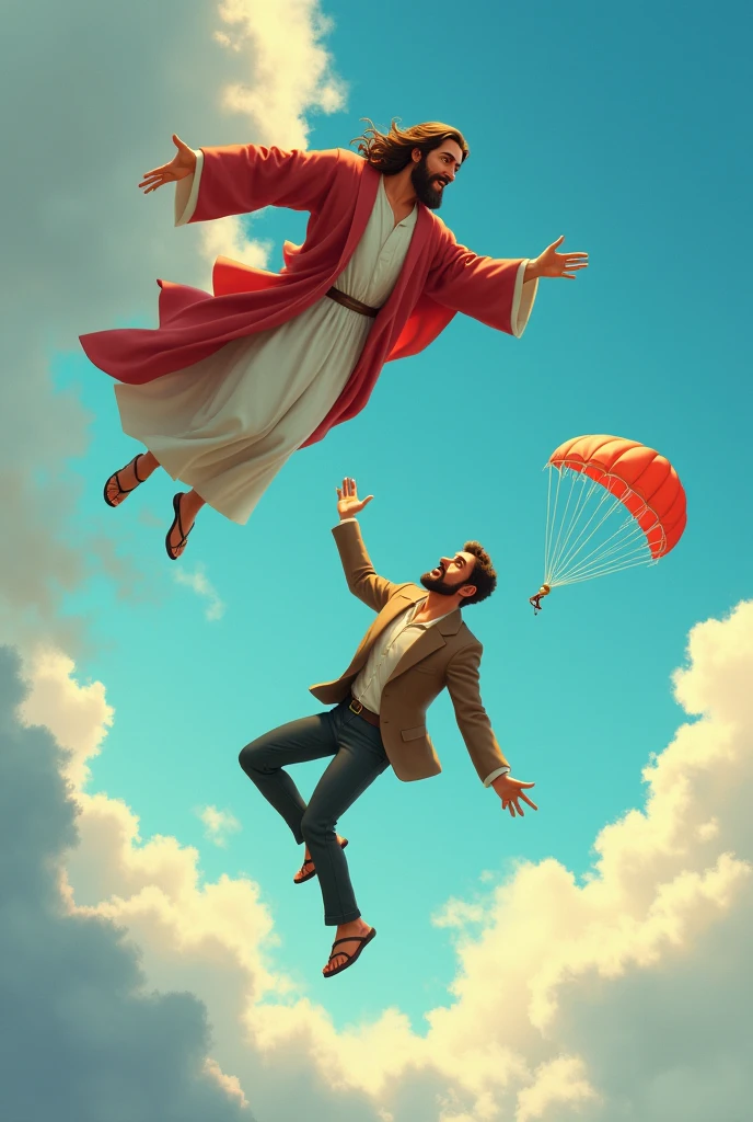 modern man falling from the sky and jesus reaching out trying to hand the man a parachute, but man ignores Jesus&#39; help. Visual animacao Disney 
