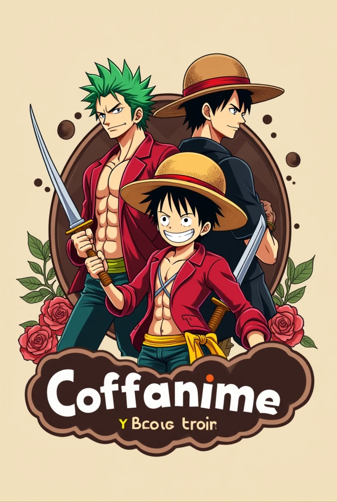 I want a logo for an anime themed cafe , THE COFFEE SHOP IS CALLED "COFFANIME" and I want Zoro to appear (with green hair) y Luffy