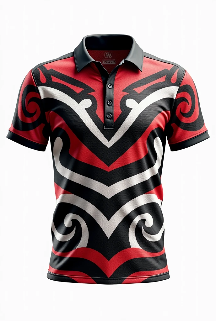 Create rugby jersey maori tribe full pattern black white red retro black / black collar/ white background front and back design side by two side clear design using this design but back side