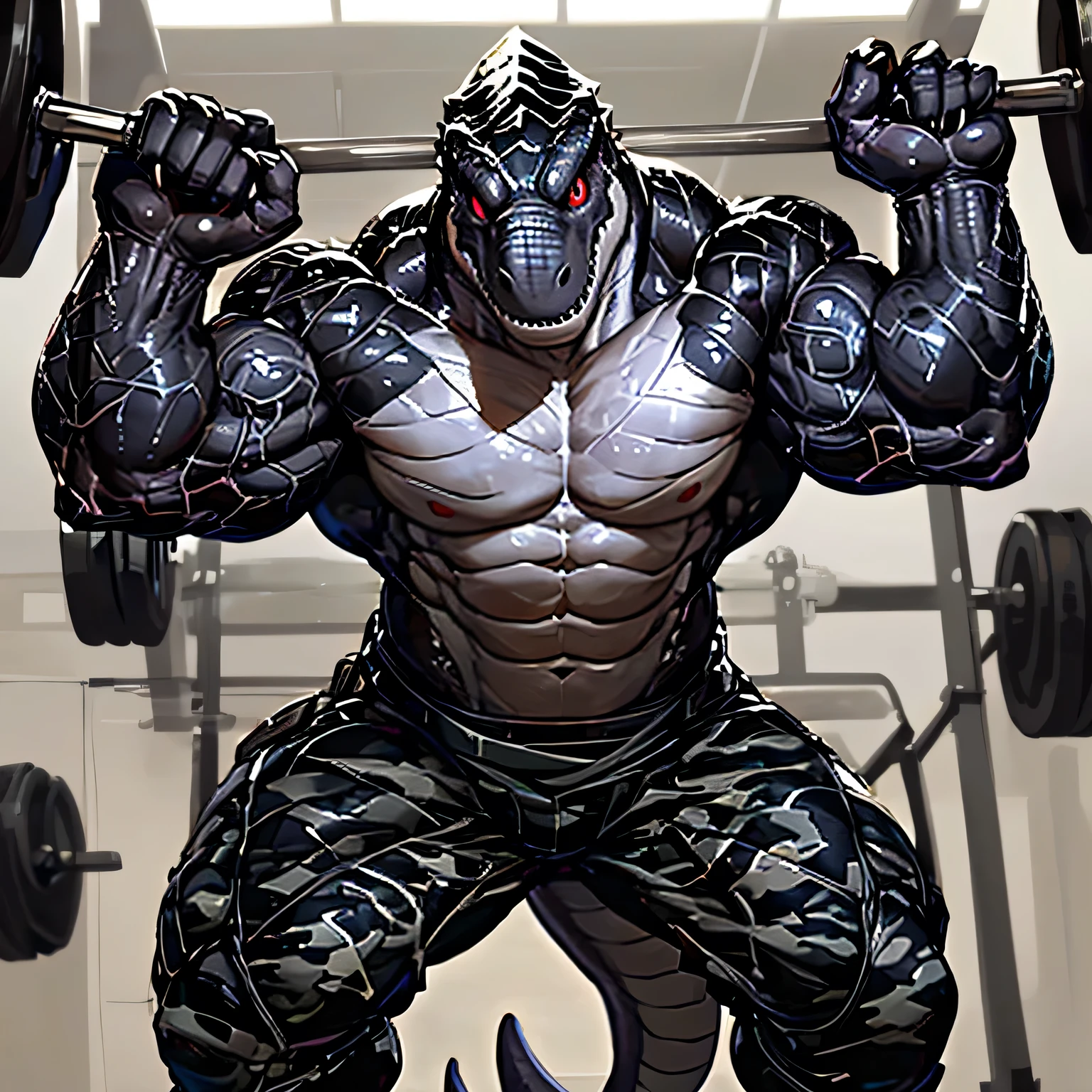 solo, anthro, male, T-Rex, ((detailed muscles)), (T-Rex print), black scales, white belly, short spiny scales, Front Double Biceps Pose, bodyguard outfit, black claws, red eyes, slit eyes, slim fit, muscular slim, gym , menacing, sexy, handsome, detailed red slit eyes, pecs, tail, hind leg, looking forward, (Masterpiece, by null-ghost, hi-res, 8k), black military outfit, tight black shirt, black camo pants, forward pov,