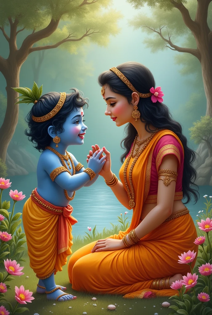 Little Lord Krishna playing with his mother