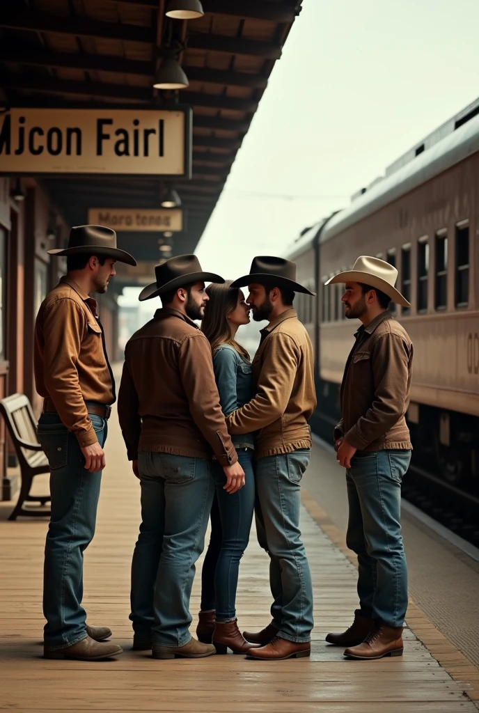 4 handsome men handsome cowboy says goodbye to a cute young 2 handsome friend who is going on a trip on a train at a train stop boyfriend of one of the cowboys