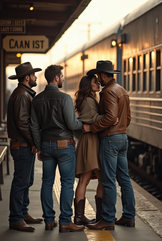 4 handsome men handsome cowboy says goodbye to a cute young 2 handsome friend who is going on a trip on a train at a train stop boyfriend of one of the cowboys