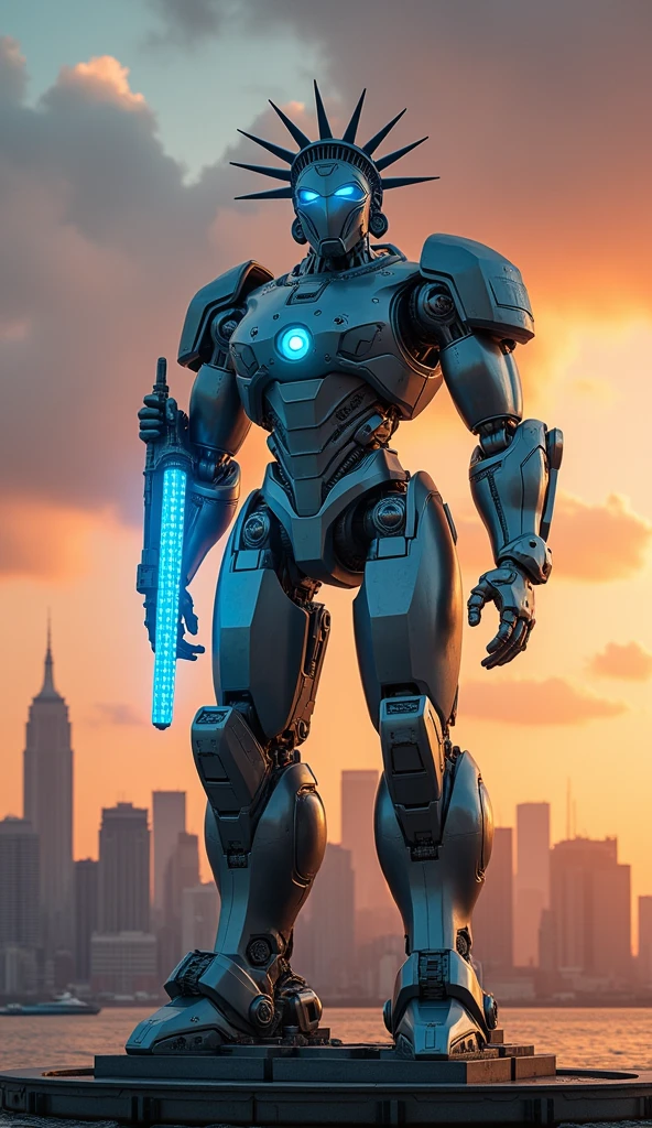 Picture the Statue of Liberty transformed into a giant, futuristic robot standing tall in New York Harbor. The statue retains its iconic shape but is now made of gleaming metal and advanced robotics. The torch she holds is a massive energy weapon, glowing with a powerful blue light. Her robe is replaced with sleek, armored plating, and her eyes emit a bright, piercing light, scanning the horizon. The robot’s joints and gears are visible, giving it a sense of movement and power, as if it could spring to life at any moment to protect the city. The entire scene is set against a dramatic sunset, with the skyline of New York City in the background."