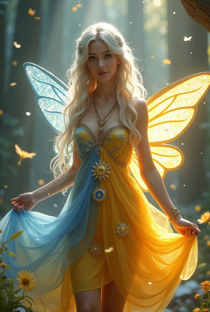 2. **Taynara (sun and moon fairy)**
- **tenue**: A dress that mixes shades of yellow and light blue, with symbols of the sun and moon. The wings have a soft glow and change color depending on the light..
- **Appearance**: Long, wavy hair in shades of yellow and silver, with eyes that reflect the light of the sun and moon.