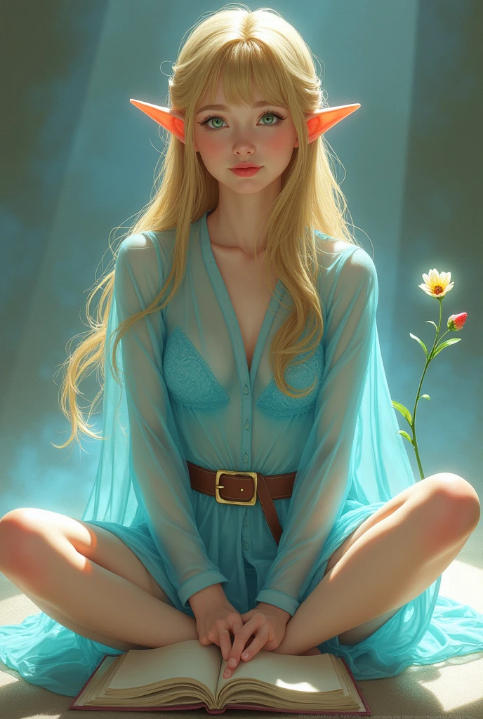 princess zelda, 1girl, artist request, belt, blonde hair, blue shirt, book, barefoot, expressionless, full body, sitting position, green eyes, highres, looking at viewer, magic, nintendo, transparent short pants, pointy ears, transparent shirt, long hairs, simple background, solo, the legend of zelda, the legend of zelda: breath of the wild, the legend of zelda: tears of the kingdom, flower made of light, magic
