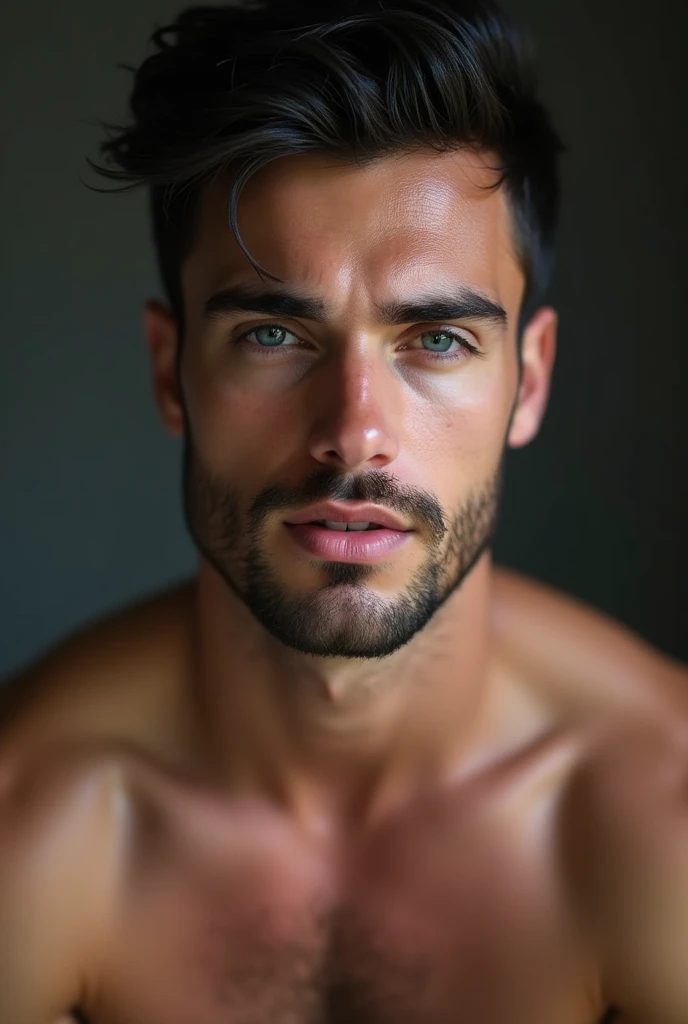 A young man, sem beard, Very beauthful, tanned white skin, blue colored eyes, stylish black hair, brawny, sweat running down his face, with a sexy expression and half-open mouth, hairless, with the penis out, with pre-cum dripping