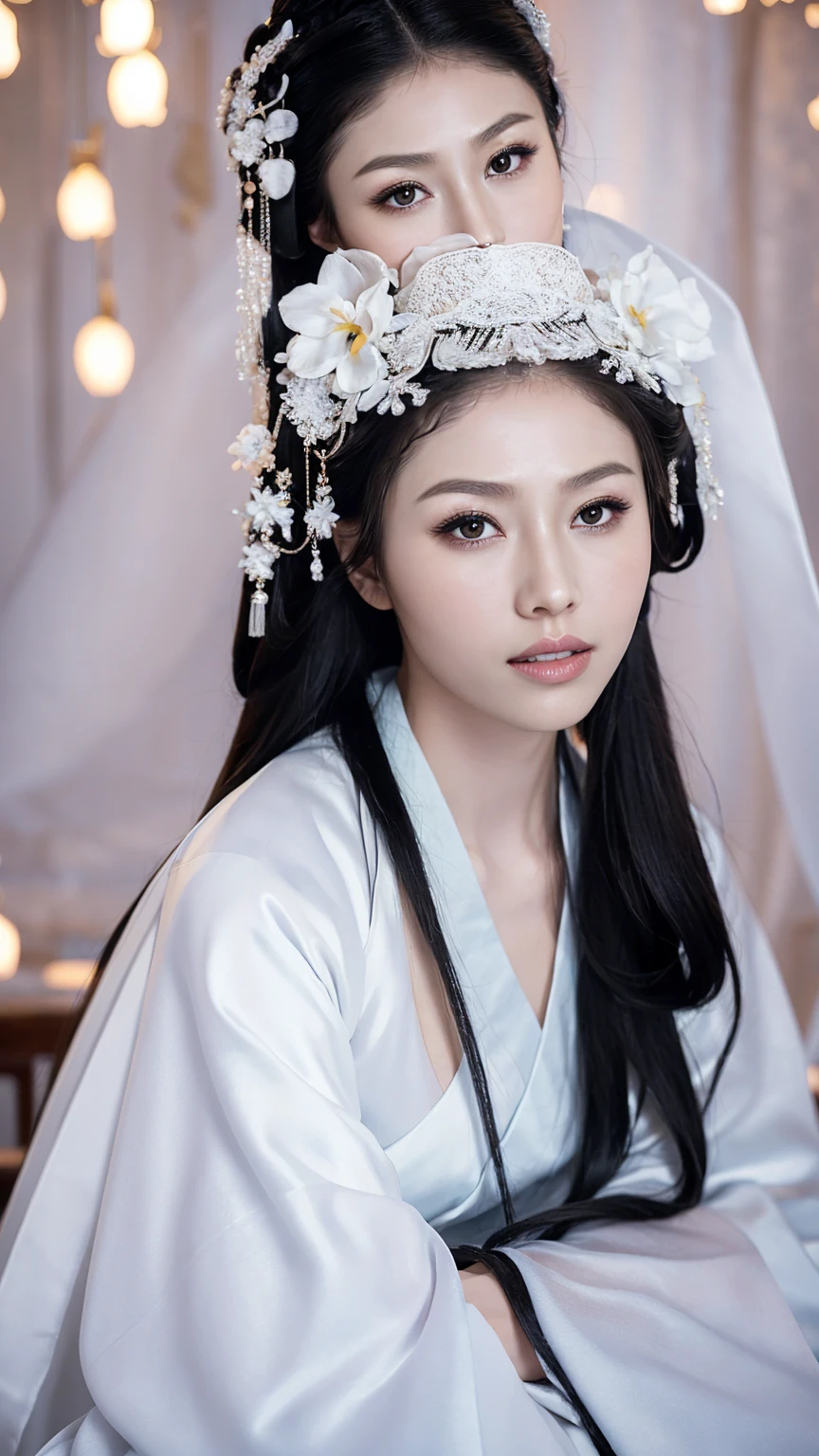 1 Fashion Model [[[[close up]]]], [[[[neck]]]], [[[[Shoulder]]]], (((Complete head)))，(((Complete hairstyle)))，Perfect eyes, Perfect Iris，Perfect lips，Perfect Teeth，Perfect skin，White skin，Soft headlights，High-density imaging，Black long hair，（Clean and delicate face），((White Hanfu))，((Half-length photo))，((night))，((Chinese Lanterns))，((Various dynamic poses))，((The background is the bedroom))，best quality，masterpiece，（Soft colors：1.2）