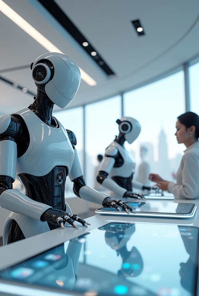 Create image of the future meta verse robots selling iPhone with Apple vision in the “iphonebel” store to thank its customers for the connection and innovation 