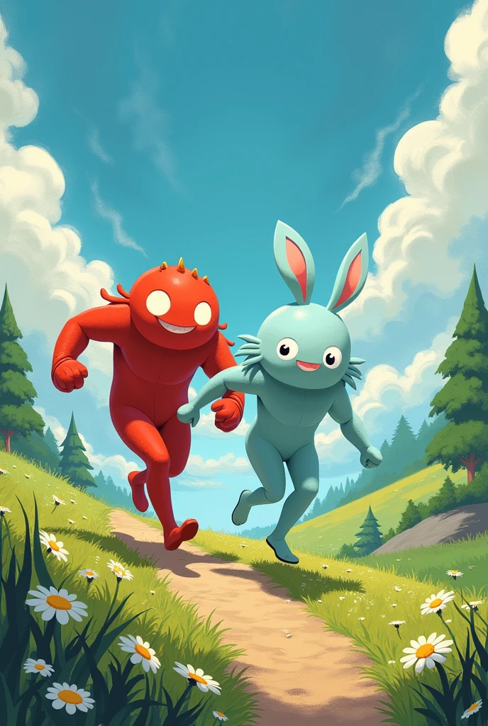 
draw  and create two cute characters, they must be formless non-human beings like studio ghibli . Strength and Movement they are friends adventurers and super brave. Strength robust red and Movement light blue, these on a fantastic land of Energyland, with running poses