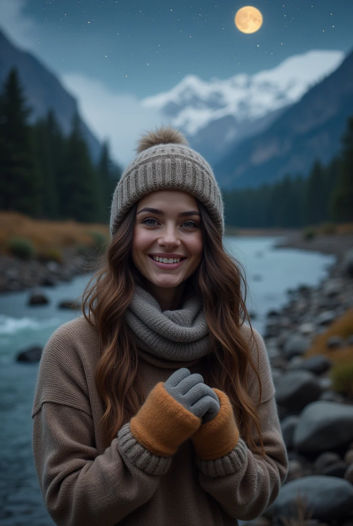 photograph, photo of beautiful woman, selfie, upper body, solo, wearing pullover, outdoors, (night), mountains, real life nature, stars, moon, cheerful, happy, gloves, sweater, beanie, forest, rocks, river, wood, smoke, fog, looking at viewer, skin texture, photo grain, close up, RAW photo