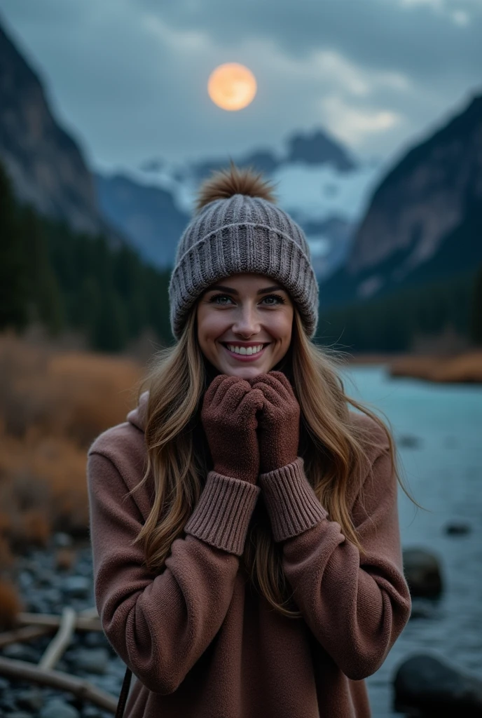 photograph, photo of beautiful woman, selfie, upper body, solo, wearing pullover, outdoors, (night), mountains, real life nature, stars, moon, cheerful, happy, gloves, sweater, beanie, forest, rocks, river, wood, smoke, fog, looking at viewer, skin texture, photo grain, close up, RAW photo