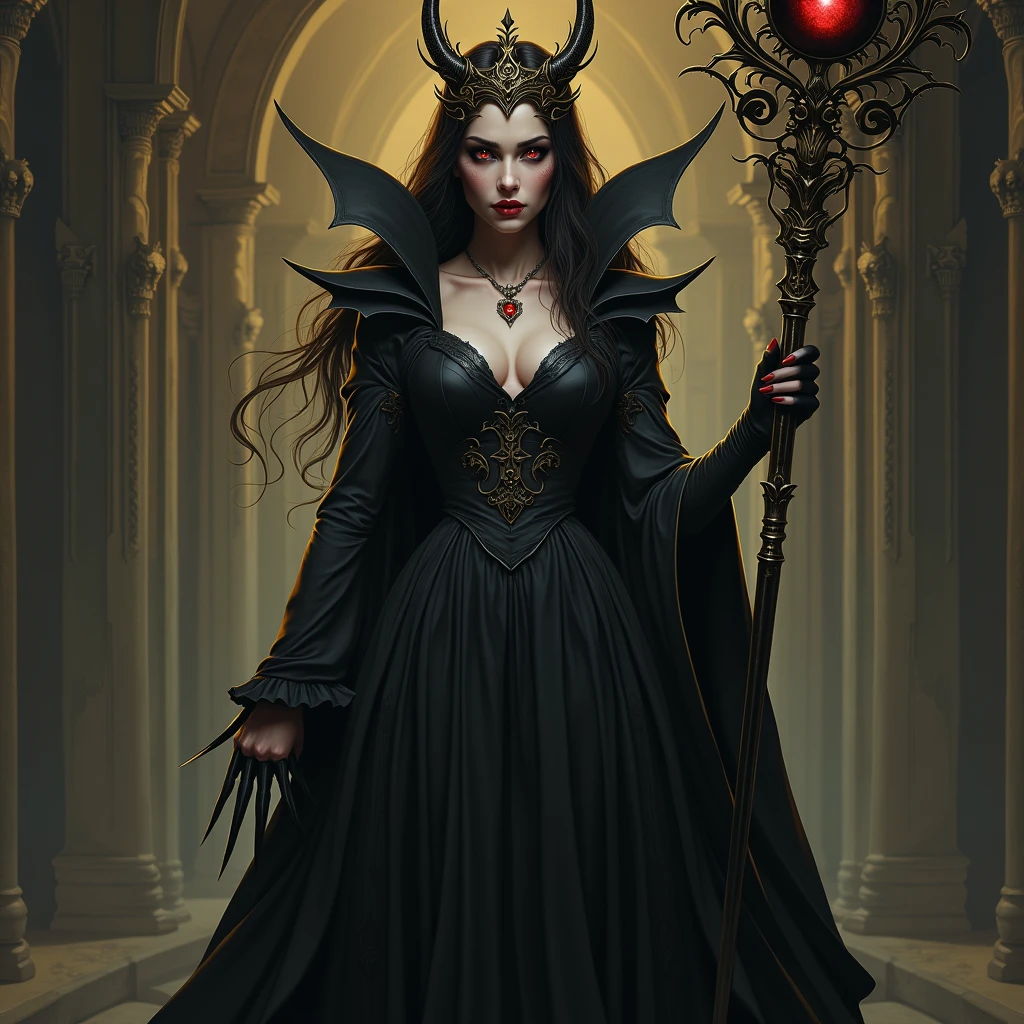 best quality, (masterpiece:1.2), illustration, absurdres, (1girl, solo), (beautiful detailed woman), ((upper body, portrait)),,8K, Dark_Fantasy, delicate face, (delicate glass pupil: 1.5), standing full body portrait, black in one eye, red in one eye, Queen Belial, in black longe dress, she have Golden crown and staff