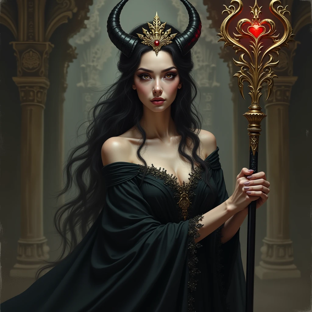 best quality, (masterpiece:1.2), illustration, absurdres, (1girl, solo), (beautiful detailed woman), ((upper body, portrait)),,8K, Dark_Fantasy, delicate face, (delicate glass pupil: 1.5), standing full body portrait, black in one eye, red in one eye, Queen Belial, in black longe dress, she have Golden crown and staff