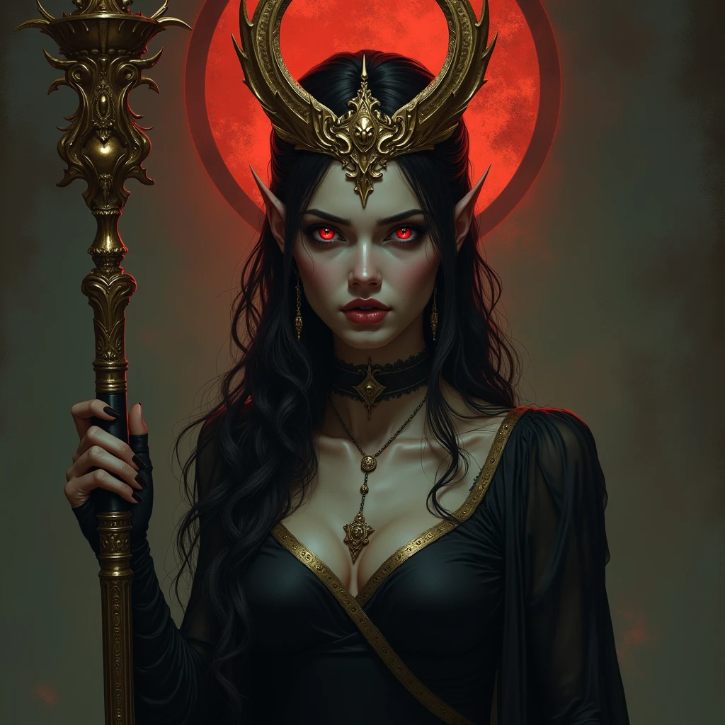 best quality, (masterpiece:1.2), illustration, absurdres, (1girl, solo), (beautiful detailed woman), ((upper body, portrait)),,8K, Dark_Fantasy, delicate face, (delicate glass pupil: 1.5), standing full body portrait, black in one eye, red in one eye, Queen Belial, in black longe dress, she have Golden crown and staff