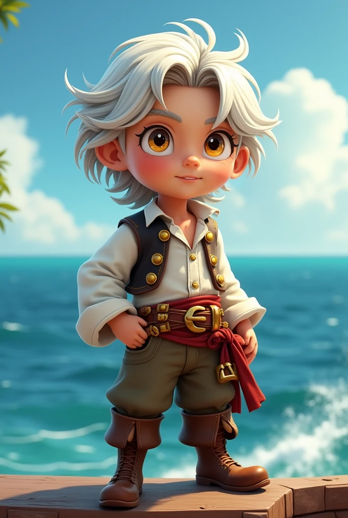 boy, with medium white hair, yellow eyes, pirate clothes