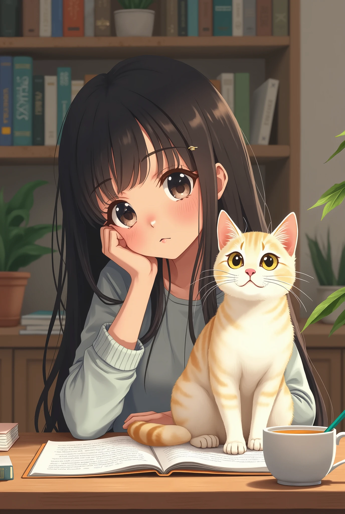 anime drawing, girl with cat, the cat being the protagonist, in a lofi study setting.
