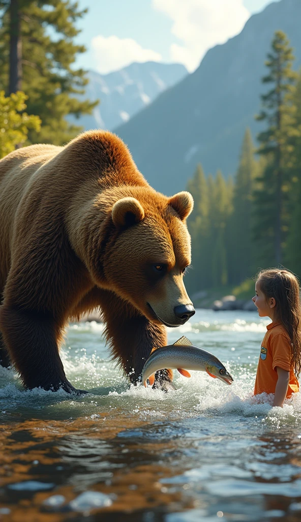 a large brown bear catching fish in a river, a young girl watching the bear family, beautiful detailed eyes, beautiful detailed lips, extremely detailed eyes and face, long eyelashes, realistic, photorealistic, photo-realistic:1.37, best quality,4k,8k,highres,masterpiece:1.2,ultra-detailed, realistic wildlife, beautiful landscape, intricate details, warm lighting, vibrant colors, cinematic composition