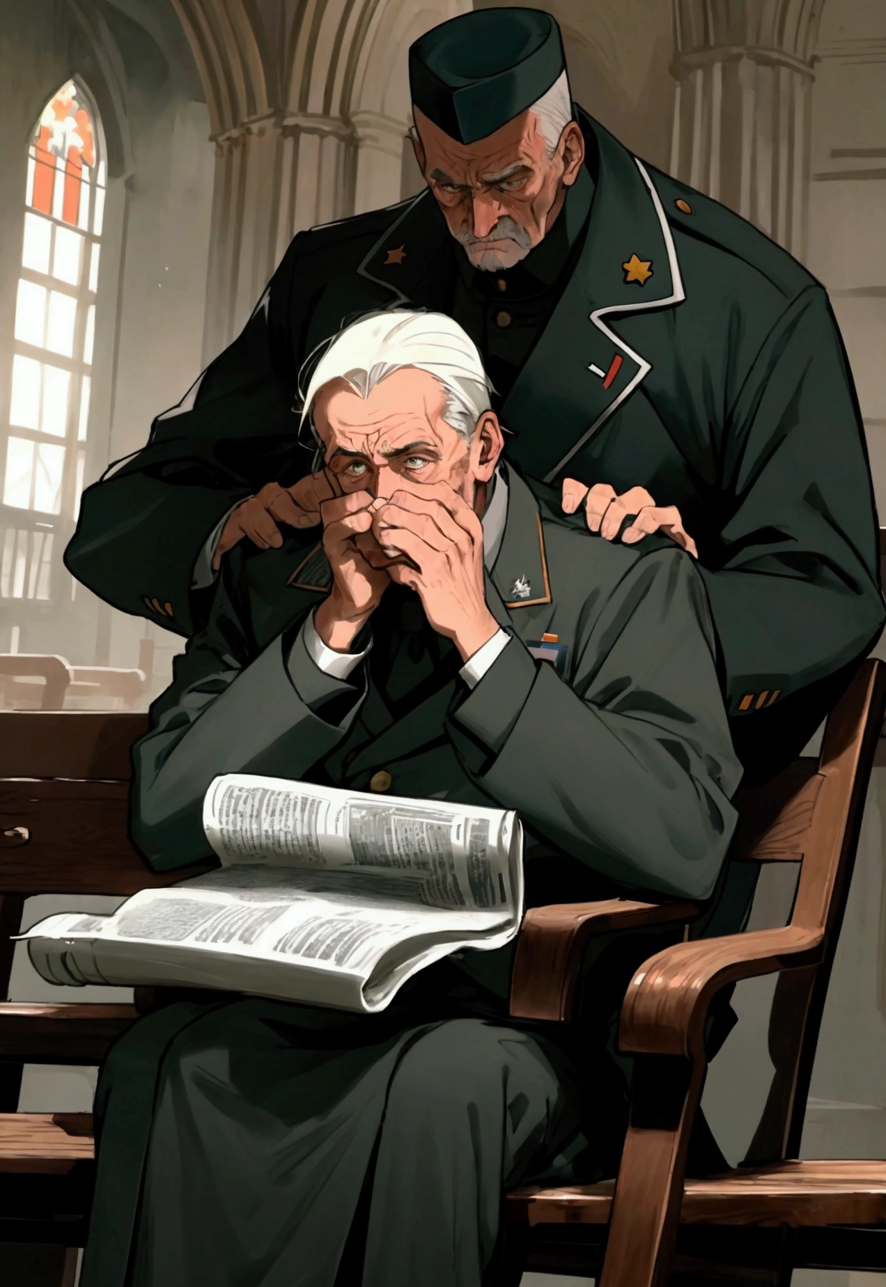 Anime style vertical image of A tense scene inside a dimly lit church in 1940s Madrid. A man with a weary expression, dressed in simple clothes, sits on the last bench, gripping a newspaper while hiding his face. Behind him, an imposing figure in a military uniform, the Paraguayan Colonel Arturo Bray, gently taps his shoulder.