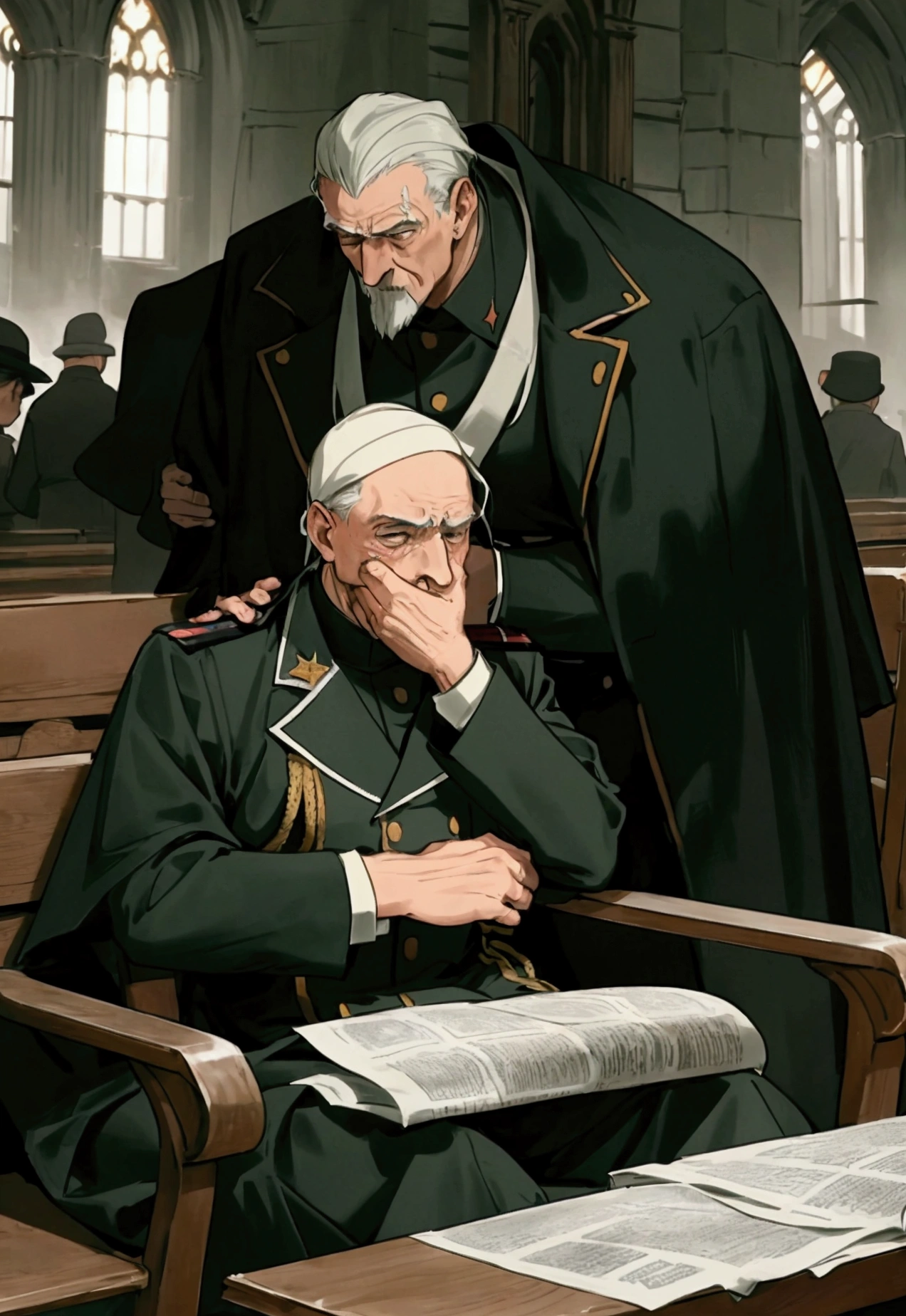 Anime style vertical image of A tense scene inside a dimly lit church in 1940s Madrid. A man with a weary expression, dressed in simple clothes, sits on the last bench, gripping a newspaper while hiding his face. Behind him, an imposing figure in a military uniform, the Paraguayan Colonel Arturo Bray, gently taps his shoulder.