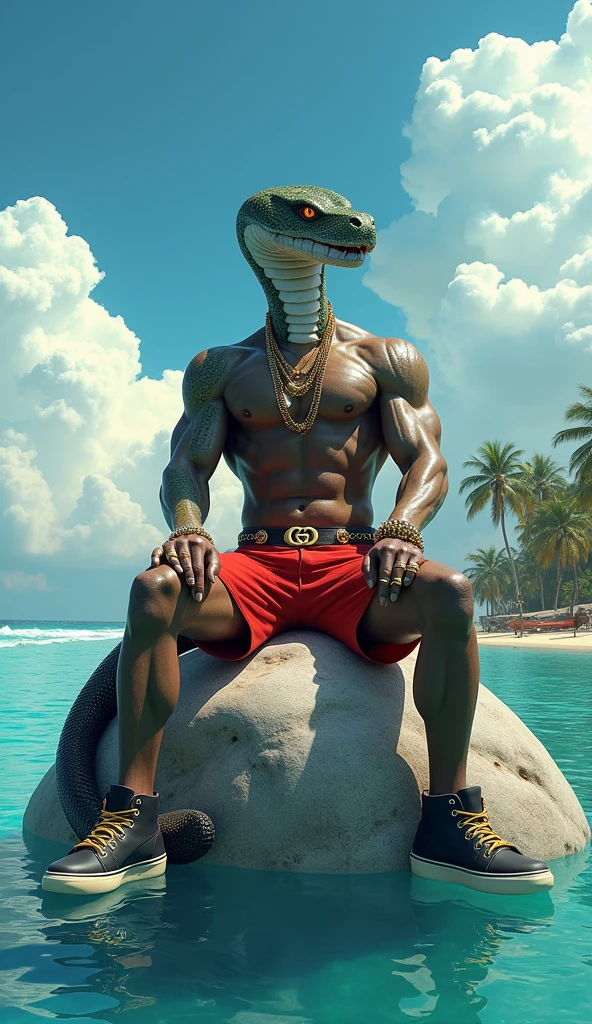 The king of snakes, big muscles, big mouth, with detailed heads and human-like features, sitting confidently on a large boulder in the huge sea.   He wears red shorts, a gold belt with a gold Gucci logo and stylish black sneakers.   A gold necklace was worn around his neck, and he had several rings on his wrist.   The backdrop features luxurious oceans and islands under a clear blue sky that provides a refreshing and serene feeling.