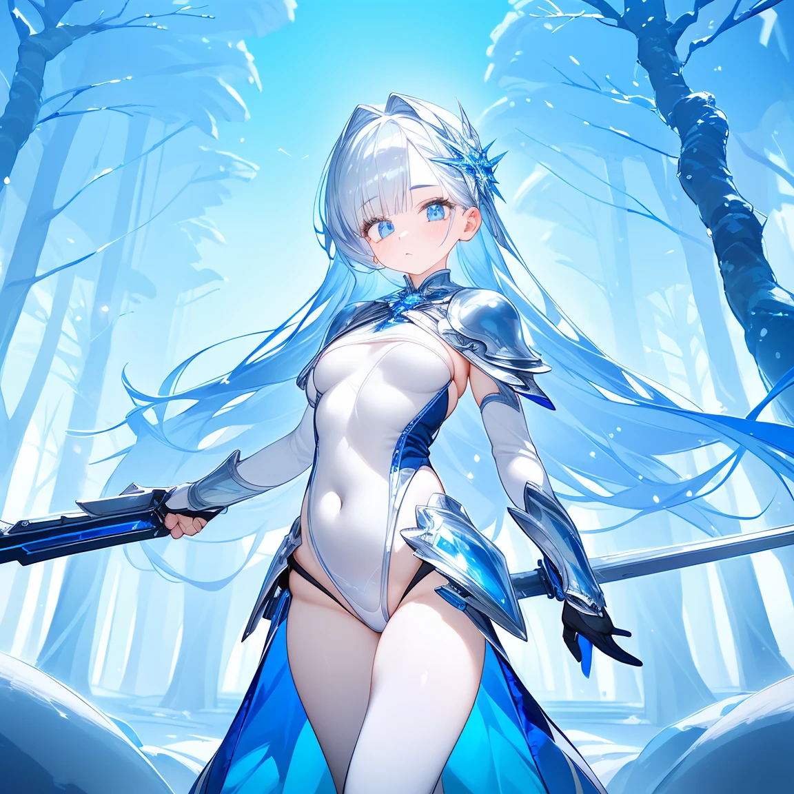 One beautiful girl, bluish silver hair, porcelain white skin, large beautiful eyes of deep blue, short stature, , small bulging breasts, complex artistic bodysuit of laminated armor, very much exposed skin, transparent weaponry, active poses, dramatic camera angles, diamond dust, icy trees, cold world, anatomical correct