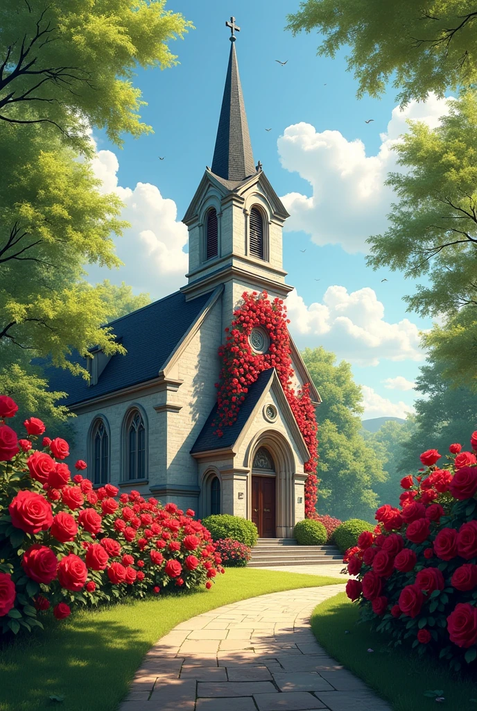 Church surrounded by red roses on a spring day