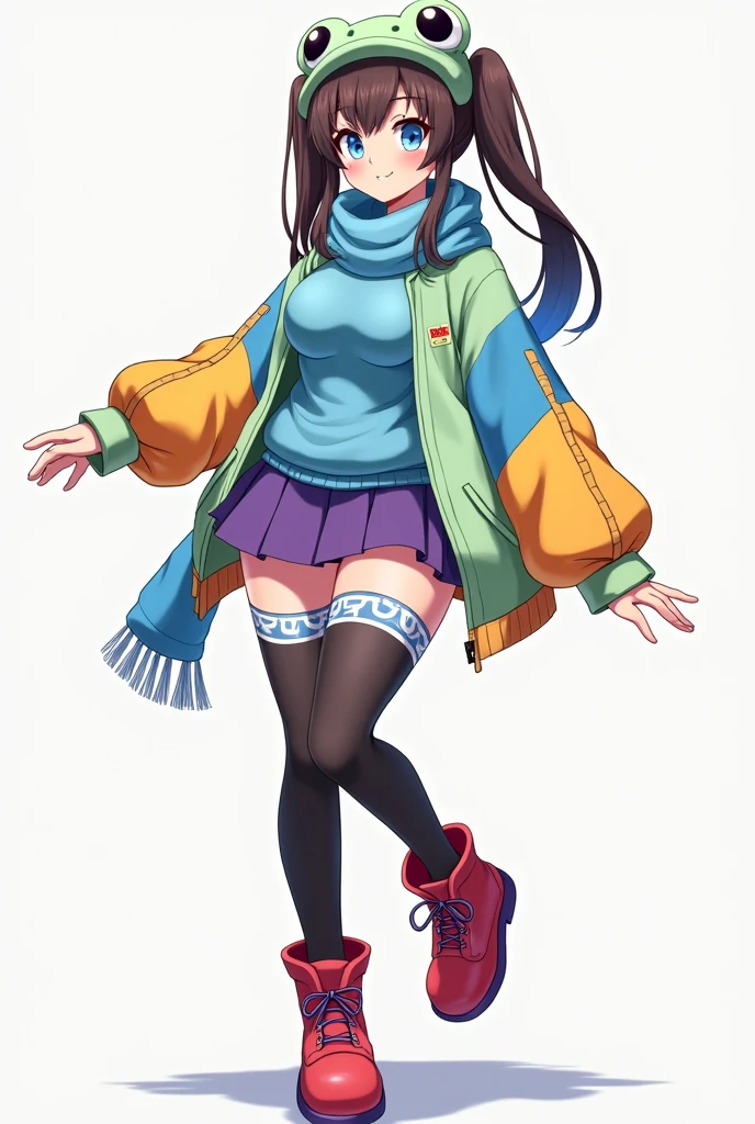 Create an anime style girl with a blue sweatshirt under a light green jacket with orange and blue sleeves, with a frog cap, short purple and yellow skirt, with a blue and red scarf, with long black and white stockings, with pastel red and dark purple boots, with hair in long pigtails half blue and half brown, with really huge breasts and a giant ass