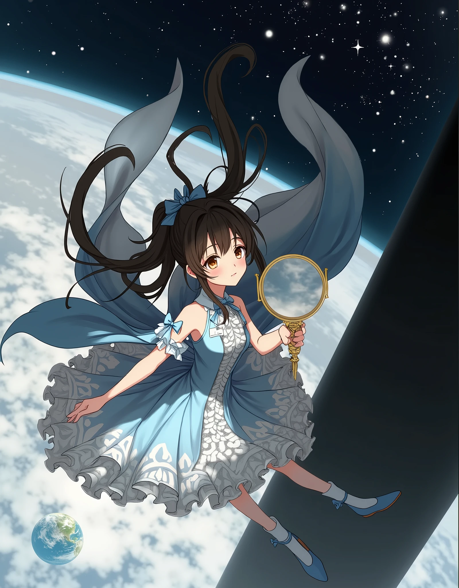 anime girl in a blue dress holding a mirror in her hand floating in space with stars, (ponytail forehead hair pulled back:1.3), (black hair:1.3), 1girl, solo, long hair, open mouth, black hair, dress, bow, holding, bare shoulders, brown eyes, ponytail, hair bow, frills, detached sleeves, sky, shoes, cape, white dress, blue bow, forehead, blue footwear, space, planet, earth \(planet\), anime style, from girls frontline, fine details. girls frontline, girls frontline universe, girls frontline style, girls frontline, girls frontline cg, soft anime illustration, 2 0 2 2 anime style, 2022 anime style, pixiv contest winner, pretty anime character design, render of april