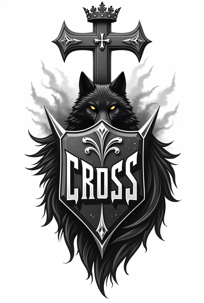 Create a black and white tattoo with only edges with a shield emblem with the letters Cross and a Cross with a crown, the pet that is a wolf