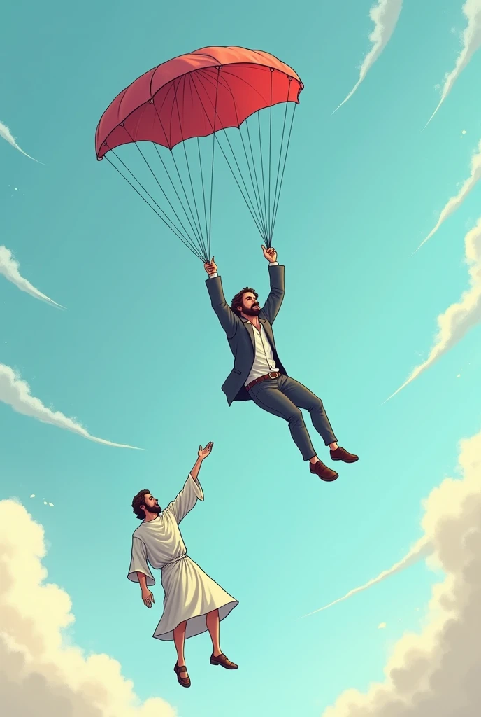 modern man falling from the sky and jesus reaching out trying to hand the man a parachute, but man ignores Jesus' help. Visual cartoon