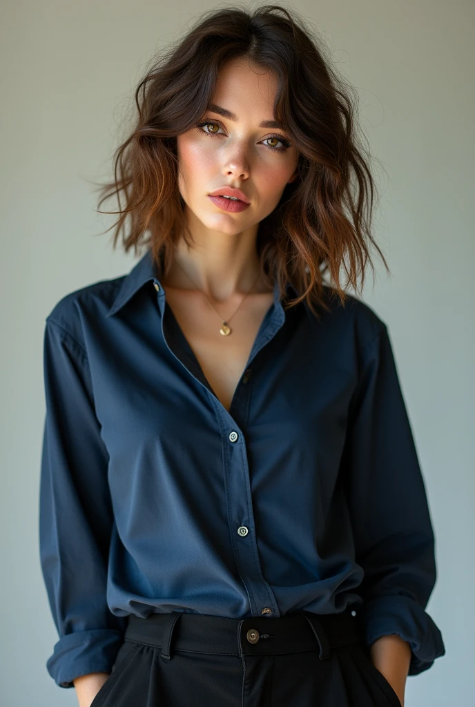 tall and thin white, with medium light brown wavy and curly hair, with brown eyes using eyeliner and big mouth with gloss, using blush and highlighter, with a dark blue shirt, and black cargo pants