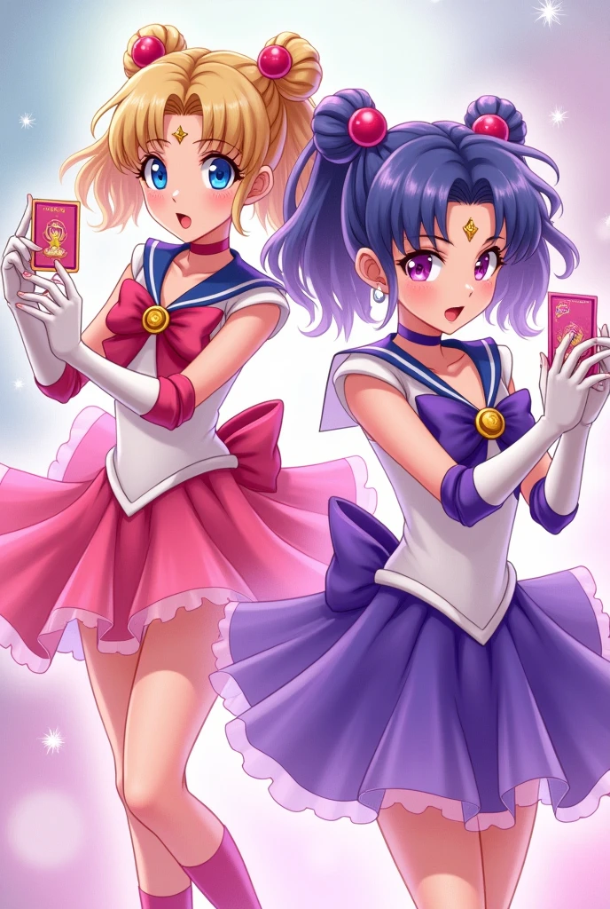 A girl dressed in pink and another girl at her side dressed in purple and both with clothes representative of Sailor Moon and in their hands they have clow cards and they look like anime
