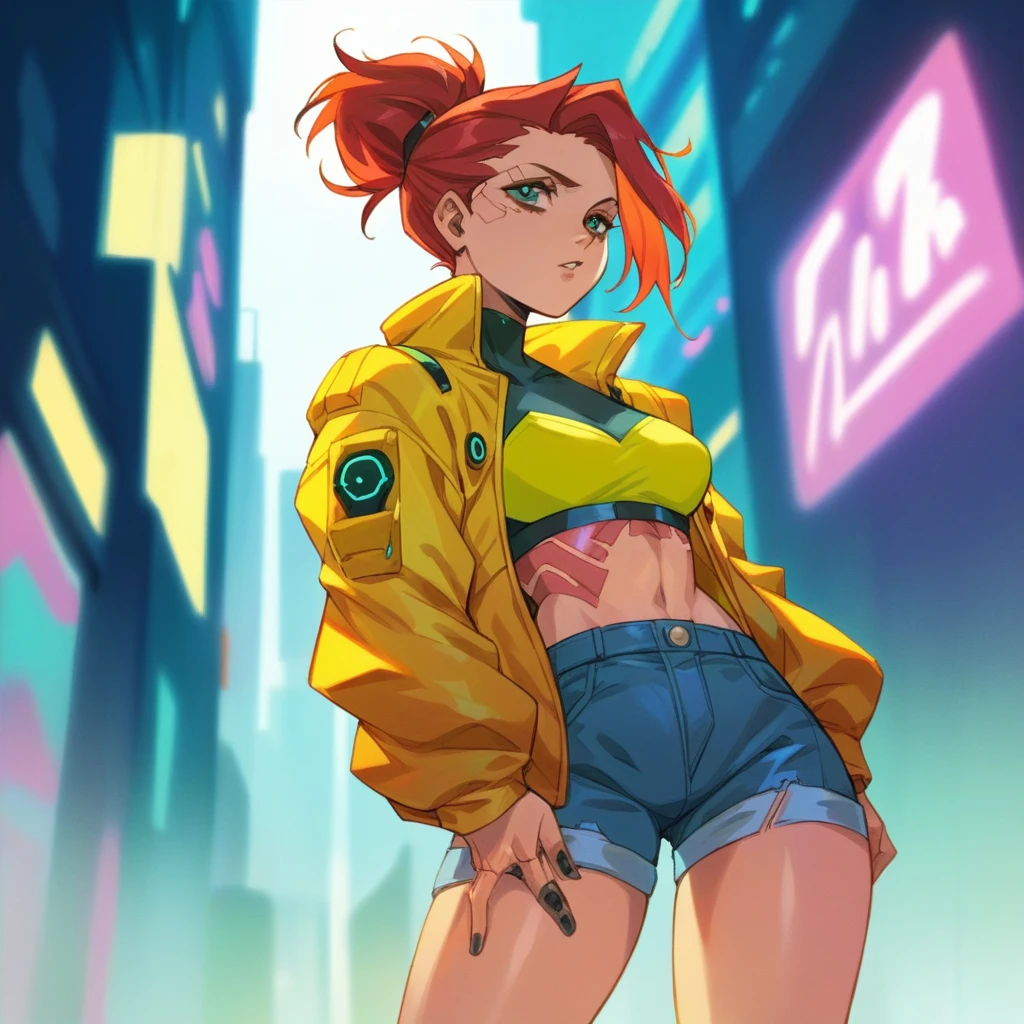Cyberpunk woman in a yellow rubber jacket and denim shorts, She has short red hair tied back in a ponytail., She is in a neon futuristic city.