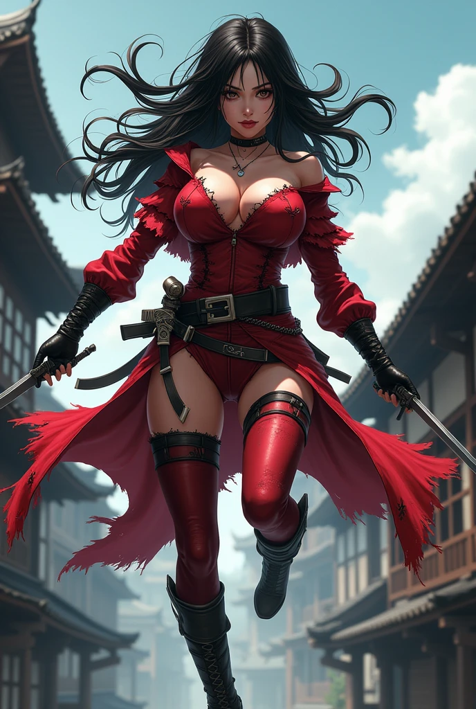 Anime adult woman, kunoichi, dark red torn ninja outfit, see-through torn underwear, visible breasts visible genital, daggers on legs, jumping from a roof pose, urban medieval background, anime style, irrealistic