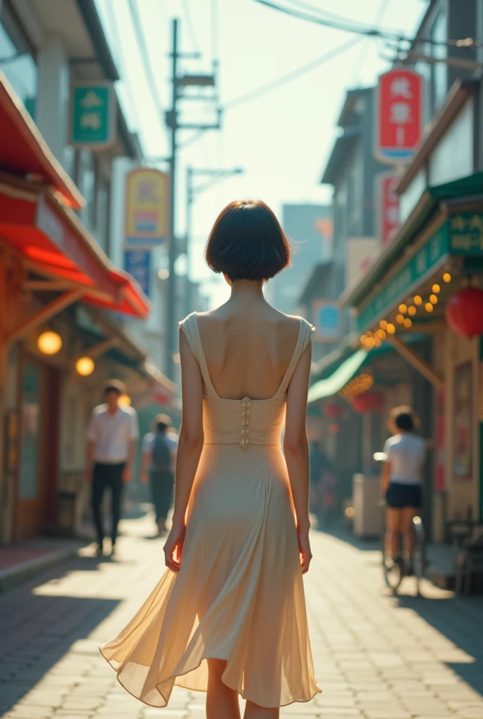 "Realistic photo, young Korean woman with short hair, seen from the back, standing at a distance, in a modest and elegant dress, in a lively Korean street scene."