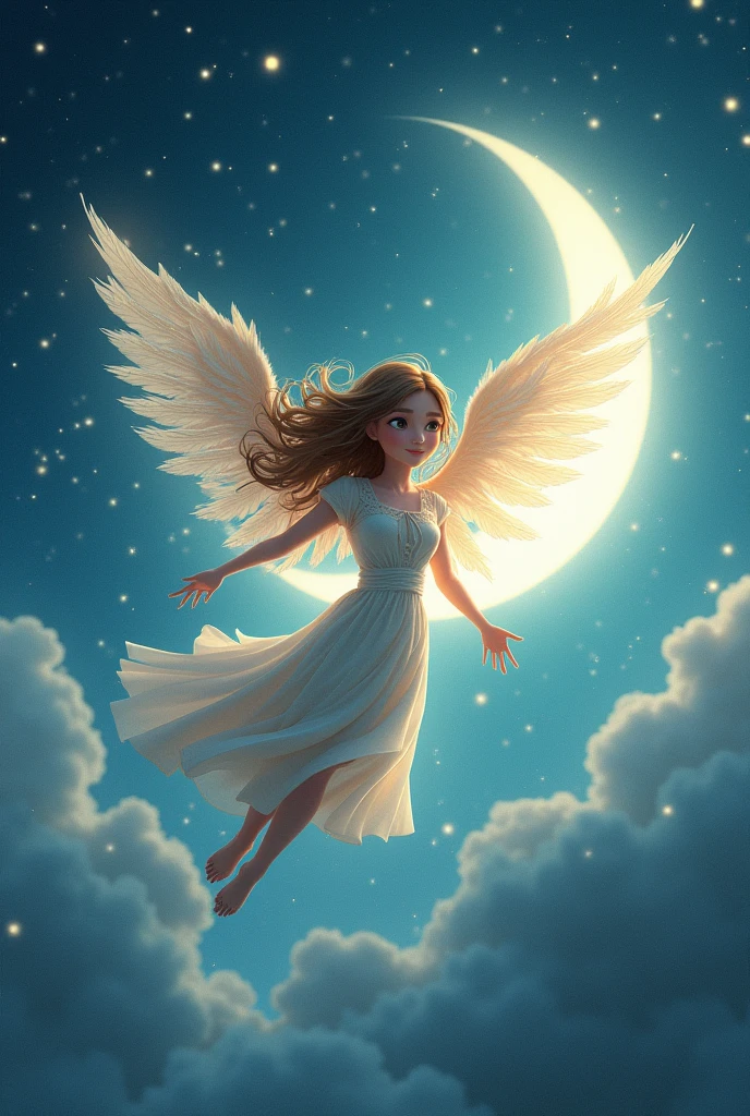 (photorealism:1.2), beautiful woman Cartoon style like a angel flyer in universe with great sky and muny stars ad rises
