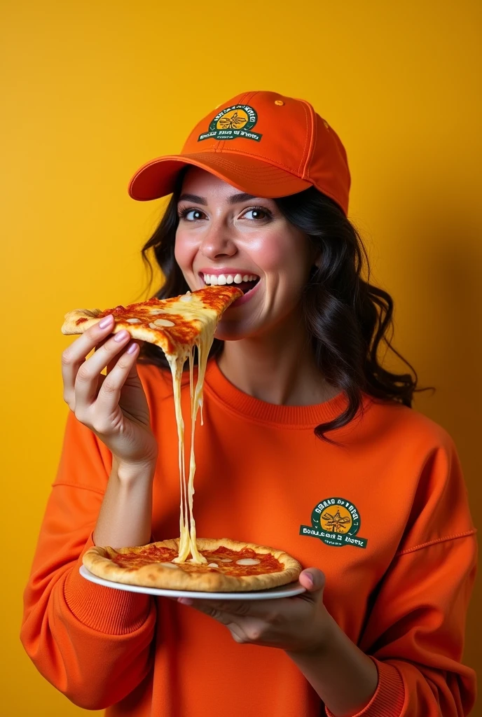 "A studio photo of a woman with Brazilian features wearing a pullover with a small logo that depicts a slice of pizza melting with the name 'Brisas do Norte.' She is also wearing a matching cap with the same logo. The woman is holding a slice of pizza with melted cheese stringing out as she takes a bite. The scene is bright and cheerful, perfect for marketing a pizzeria named 'Brisas do Norte.' The woman should have a friendly expression, and the overall vibe should feel warm and inviting, reflecting the cozy and delicious atmosphere of the pizzeria."