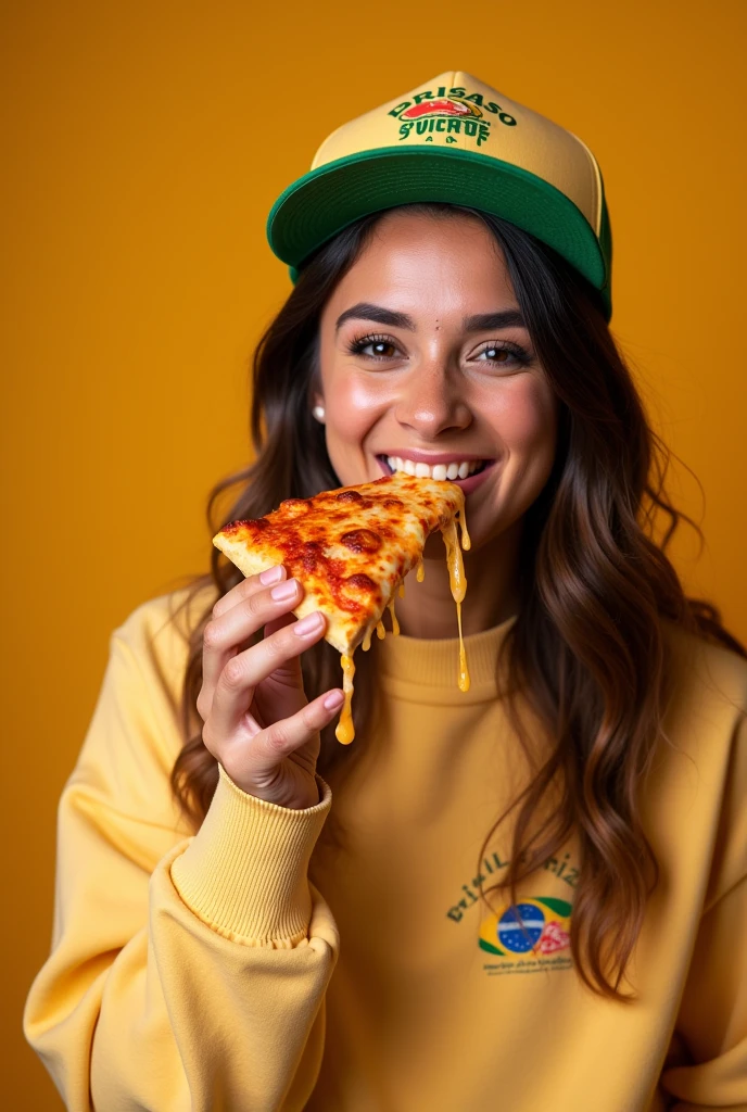 "A studio photo of a woman with Brazilian features wearing a pullover with a small logo that depicts a slice of pizza melting with the name 'Brisas do Norte.' She is also wearing a matching cap with the same logo. The woman is holding a slice of pizza with melted cheese stringing out as she takes a bite. The scene is bright and cheerful, perfect for marketing a pizzeria named 'Brisas do Norte.' The woman should have a friendly expression, and the overall vibe should feel warm and inviting, reflecting the cozy and delicious atmosphere of the pizzeria."