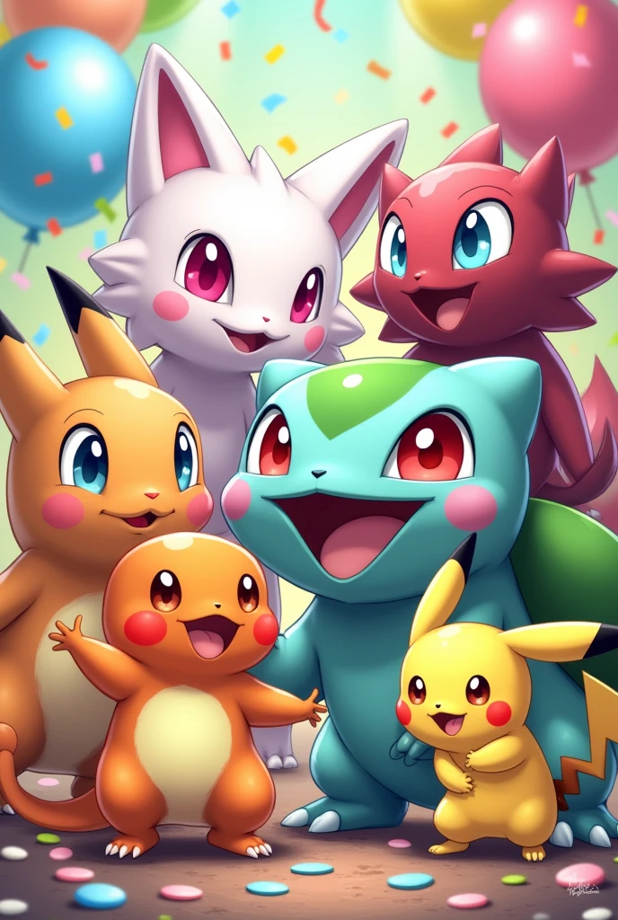 Arte de aniversario com o tema pokémon, que apareça o bubbasaur, charmander, Square, Pikachu, mew e mewtoo.