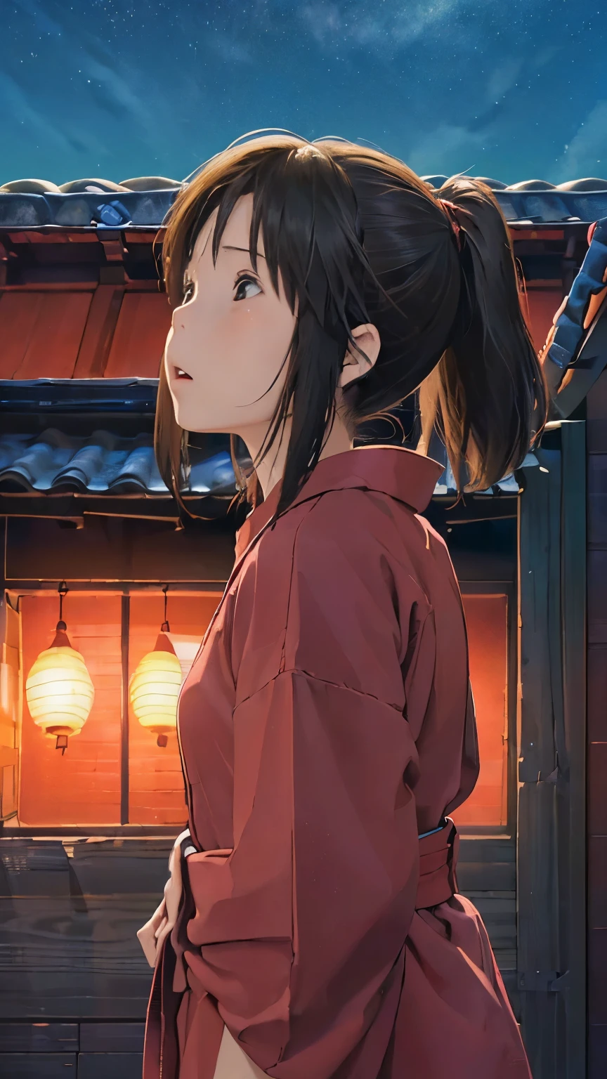 (masterpiece:1.4)、(Highest quality:1.4)、(High resolution:1.4)、Chihiro Ogino、ponytail、Unite Form、Red kimono、Old inn、rooftop、Looking up at the sky、night、colorful、High contrast