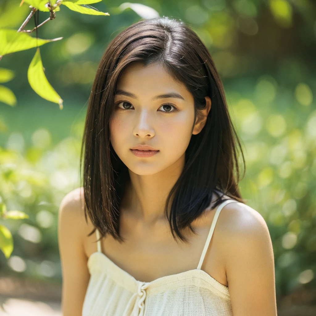 A hyper-realistic close-up image of a single Japanese woman in her early 20s, captured with the nostalgic warmth and subtle graininess of a film camera, focusing on her face and shoulders. Her skin has a warm beige tone with a natural, slightly rough texture that includes visible pores, fine lines, and subtle imperfections such as small blemishes, adding to the authenticity of her appearance. The soft, diffused natural light typical of a sunny summer day casts gentle, warm shadows on her face, enhancing the film-like quality while maintaining the realistic texture of her skin. Her straight, glossy black hair is slightly tousled by a gentle summer breeze, framing her face naturally. She is wearing a light, summery outfit, perhaps with straps visible at the shoulders, that complements her natural beauty and suits the warm weather. The film camera effect introduces a slight grain and a softer focus, giving the image a warm, nostalgic atmosphere while preserving the realism of her skin and features. The overall composition captures the serene and effortless elegance of a summer day, with the focus on the realistic texture of her skin and the timeless quality of the film camera aesthetic.