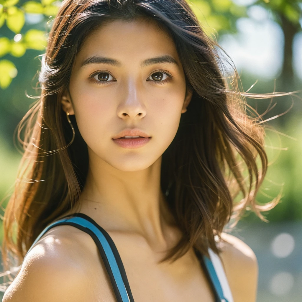 A hyper-realistic close-up image of a single Japanese woman in her early 20s, captured with the nostalgic warmth and subtle graininess of a film camera, focusing on her face and shoulders. Her skin has a warm beige tone with a natural, slightly rough texture that includes visible pores, fine lines, and subtle imperfections such as small blemishes, adding to the authenticity of her appearance. The soft, diffused natural light typical of a sunny summer day casts gentle, warm shadows on her face, enhancing the film-like quality while maintaining the realistic texture of her skin. Her straight, glossy black hair is slightly tousled by a gentle summer breeze, framing her face naturally. She is wearing a light, summery outfit, perhaps with straps visible at the shoulders, that complements her natural beauty and suits the warm weather. The film camera effect introduces a slight grain and a softer focus, giving the image a warm, nostalgic atmosphere while preserving the realism of her skin and features. The overall composition captures the serene and effortless elegance of a summer day, with the focus on the realistic texture of her skin and the timeless quality of the film camera aesthetic.