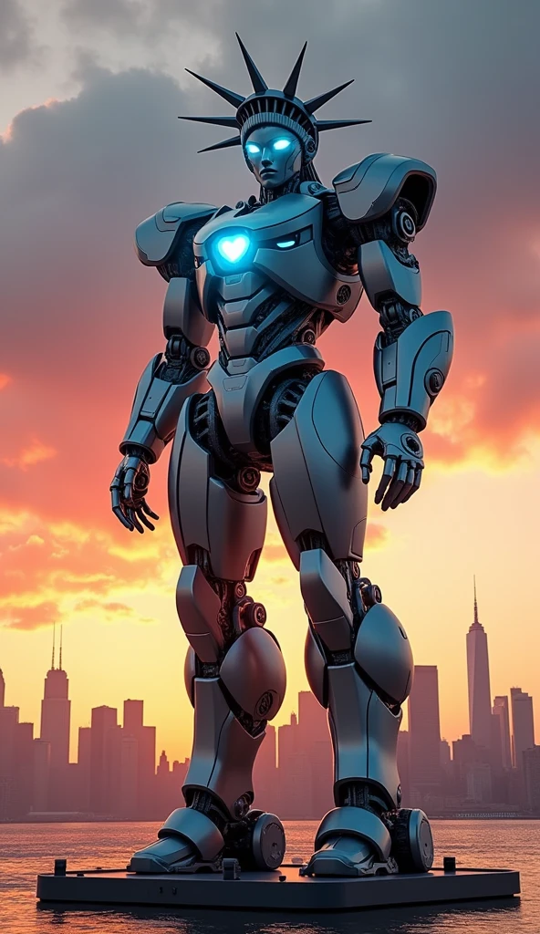 Picture the Statue of Liberty transformed into a giant, futuristic robot standing tall in New York Harbor. The statue retains its iconic shape but is now made of gleaming metal and advanced robotics. The torch she holds is a massive energy weapon, glowing with a powerful blue light. Her robe is replaced with sleek, armored plating, and her eyes emit a bright, piercing light, scanning the horizon. The robot’s joints and gears are visible, giving it a sense of movement and power, as if it could spring to life at any moment to protect the city. The entire scene is set against a dramatic sunset, with the skyline of New York City in the background."