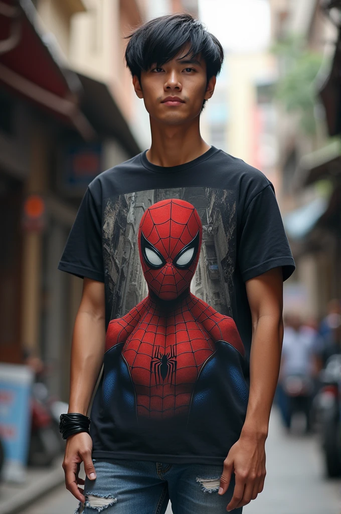 ((best quality)), ((masterpiece)), (detailed), perfect face,A handsome Indonesian man with a clean face, very short black hair, the sides are faintly visible, wearing a T-shirt with a picture of a vicious spider, a black bracelet, slightly torn jeans, sneakers,Spiderman 3D cartoon street wall background, realistic hd 