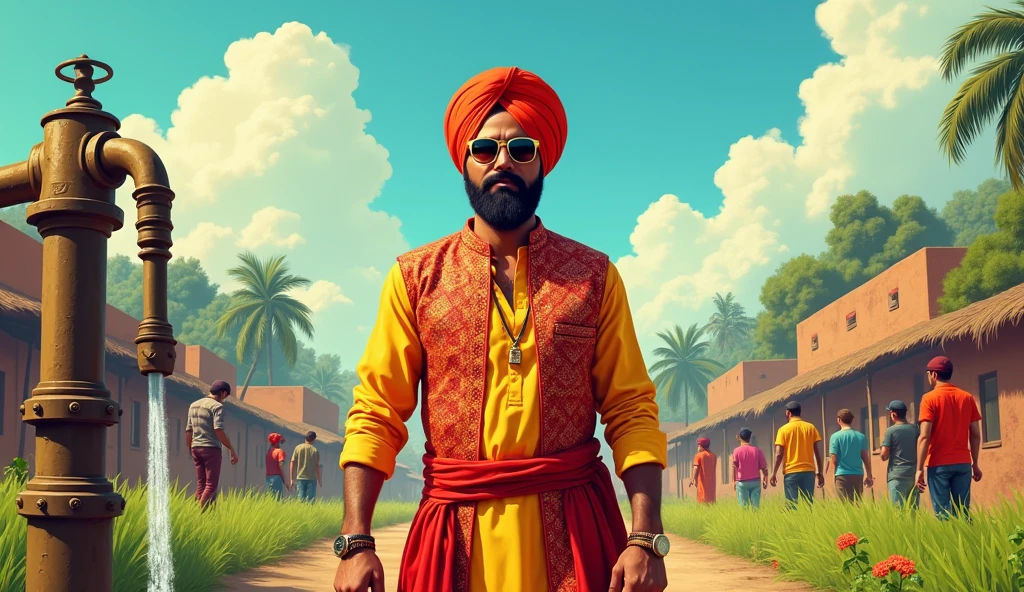 Illustrate a stylish man in traditional Punjabi attire (turban, kurta), blending modern and traditional elements. He is shown in a bustling Punjabi village with a backdrop of lush fields and rustic buildings. Next to him is a massive pump (water pump), symbolizing his influence in the village. The character exudes confidence, with people in the background looking up to him. Include a playful element, like the man wearing designer sunglasses, to emphasize his unique, flashy style. The overall vibe should be powerful yet rooted in Punjabi culture.