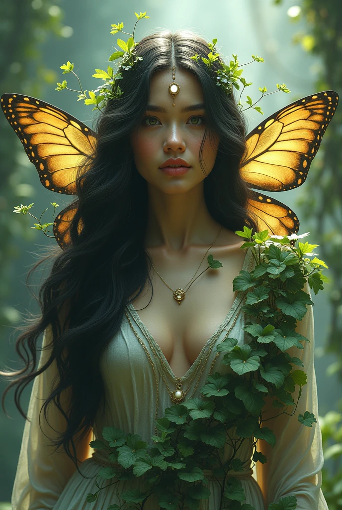 Make me a full body avatar standing, a pretty woman with long dark hair, with butterfly wings which looks like a soul with a third eye and with plants coming out of its body