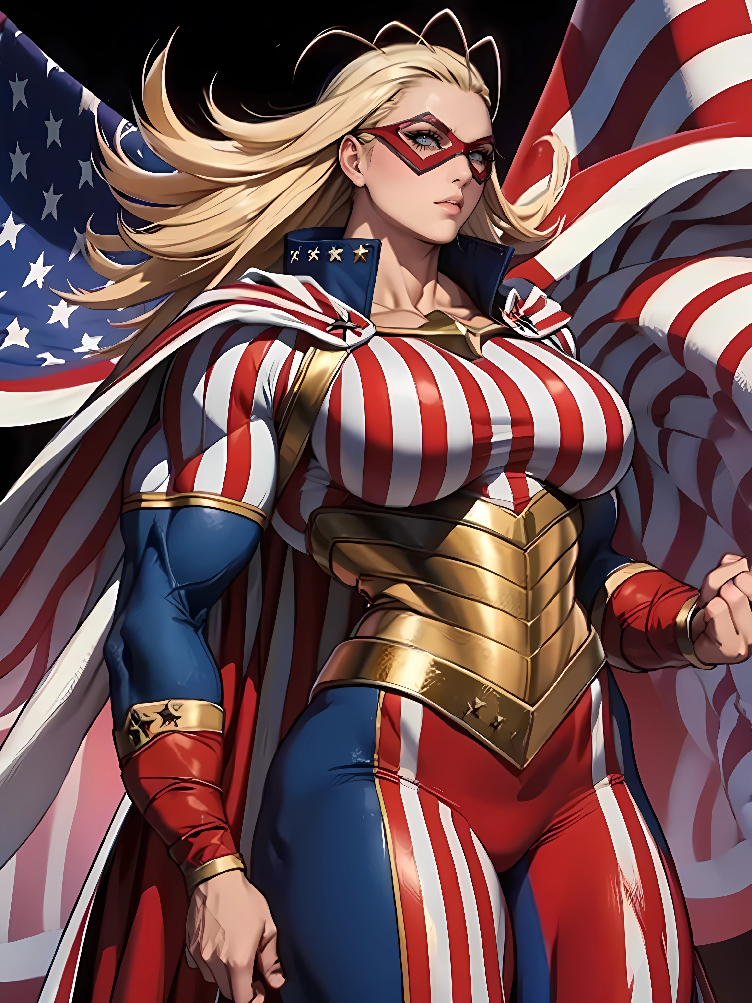 Masterpiece, Massive female bodybuilder, Huge Breasts:2, domino mask, american flag print, striped bodysuit, red cape,starandstripe, antenna hair