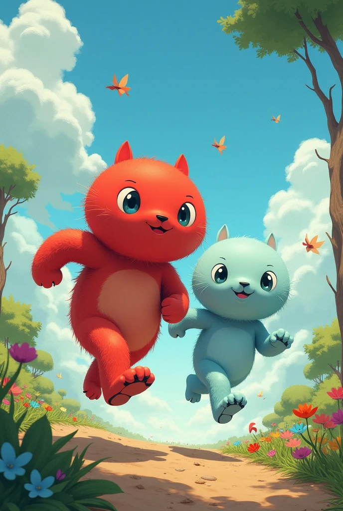 
draw  and create two cute characters, they must be formless non-human beings like studio ghibli . Strength and Movement they are friends adventurers and super brave. Strength robust red and Movement light blue, these on a fantastic land of Energyland, with running poses
